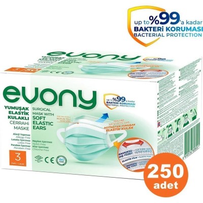 Evony Yumuşak Elastik Kulaklı 3 Katlı Telli Cerrahi Maske 250 Li